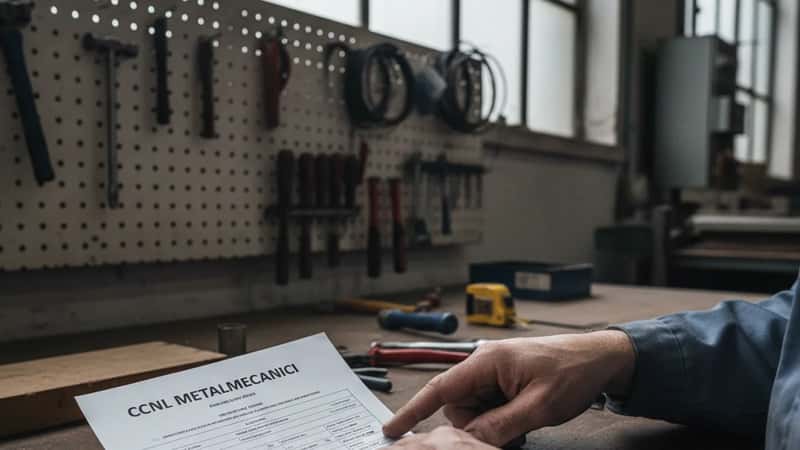 Mani di un operaio metalmeccanico torinese che indicano la griglia salariale CCNL su un documento contrattuale, con strumenti industriali in background