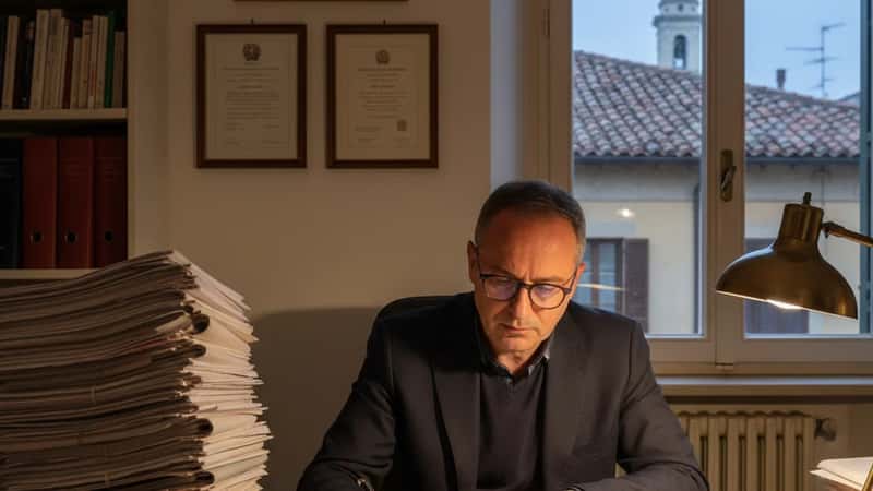 Avvocato giuslavorista genovese che esamina un contratto collettivo metalmeccanici nel suo studio, luce serale da lampada da tavolo, dossier impilati sullo sfondo