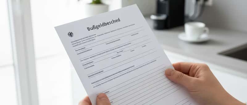 Person hält einen deutschen Bußgeldbescheid in der Hand, natürliches Tageslicht in einer modernen Küche