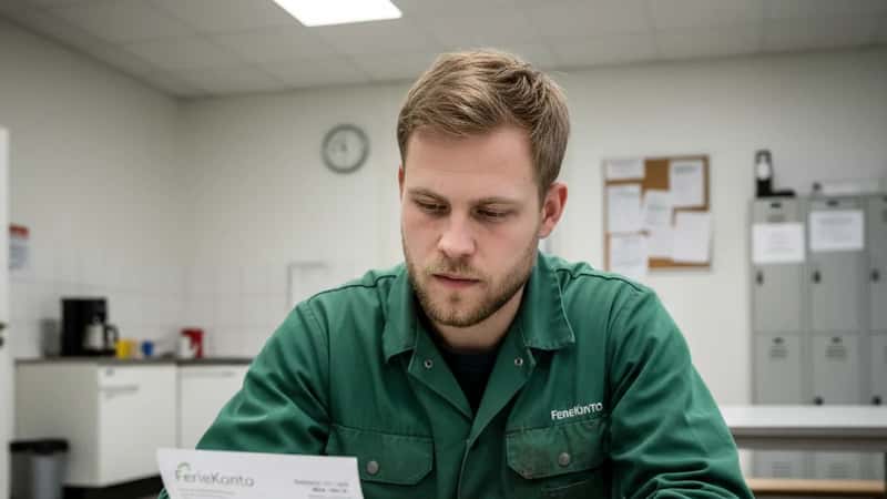 Ung drivhusansat tjekker lønseddel mod FerieKonto på telefon i pauserum i Herning