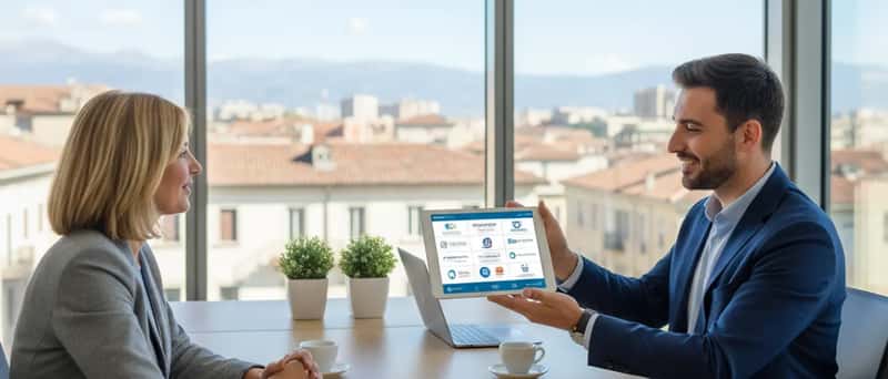 Tecnico informatico che mostra certificazioni professionali su tablet a un cliente in ufficio