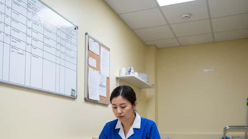 Hotel housekeeper in Chicago break room during a protected meal break