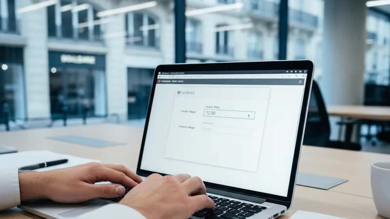 Nebraska employer updating payroll software with 2026 minimum wage rate at Lincoln office desk, Initiative 433 schedule visible