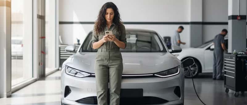 Cliente pesquisando avaliações de oficina mecânica no smartphone ao lado do seu carro em garagem