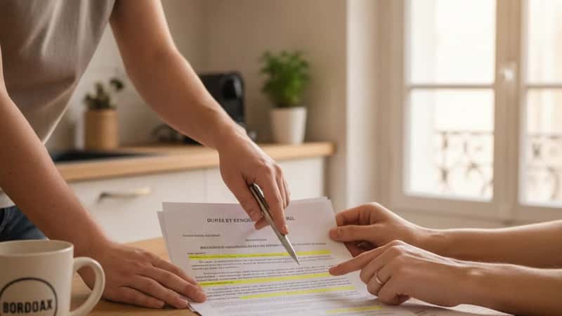 Deux jeunes colocataires à Bordeaux examinent ensemble les clauses de leur bail de colocation sur une table de cuisine