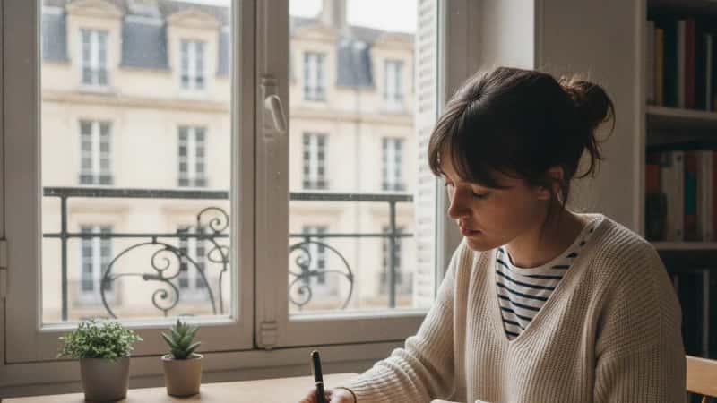 En Bordeaux, une jeune française en tenue décontractée écrit une lettre recommandée à son bureau avec des documents de location devant elle