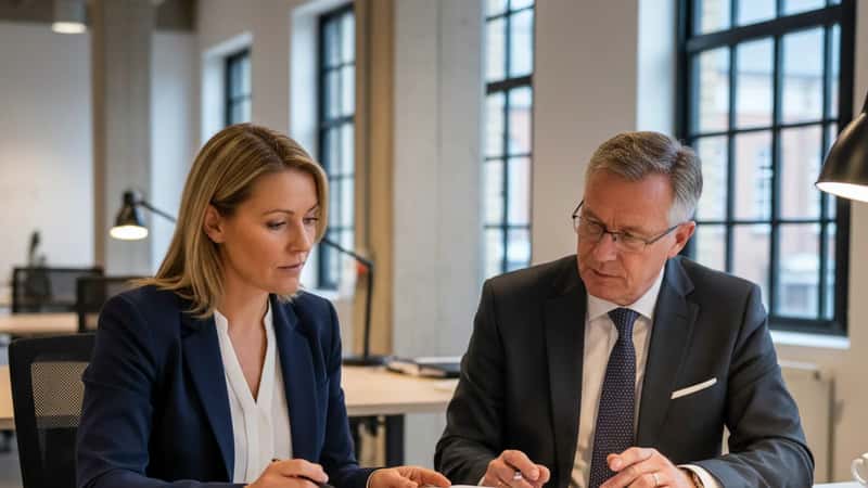 Dansk kvinde og fagforeningsrepræsentant gennemgår ansættelsesdokumenter ved et bord i et industrikontor i Vejle, varm kontorbelysning, seriøs professionel stemning