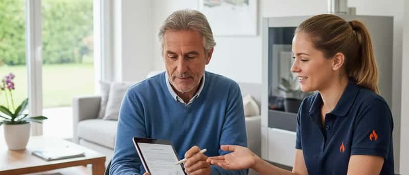 Propriétaire signant un contrat d'entretien sur tablette avec un technicien chauffagiste certifié dans un salon lumineux
