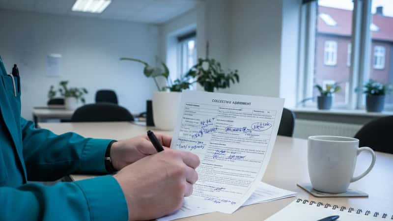 Servicemedarbejder i Aarhus annoterer overenskomstdokument ved pausebord