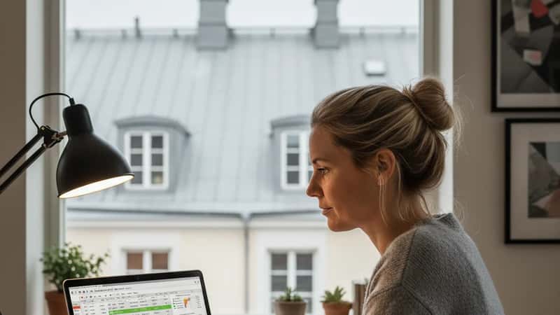 Svensk HR-chef granskar övertidsexcel på laptop i Malmökontor med överskuggat dagsljus
