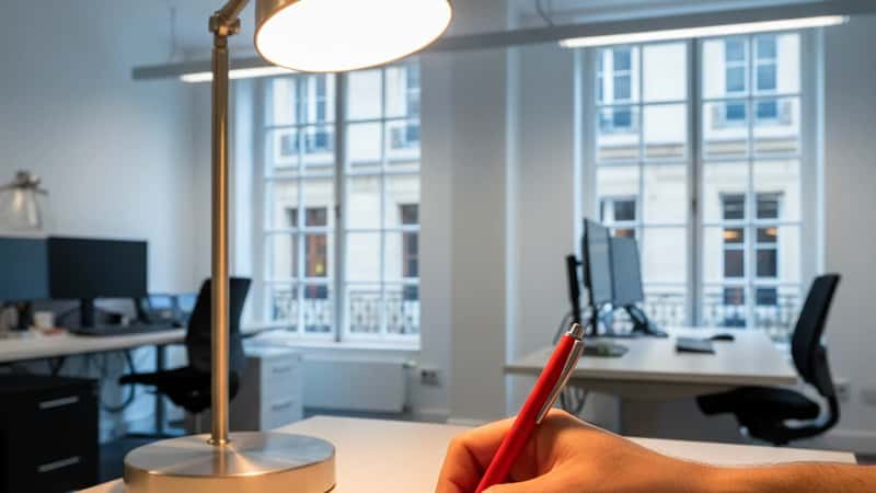 Händer som markerar övertidstimmar på ett tidrapportformulär med röd penna, bankkontor i Linköping i bakgrunden