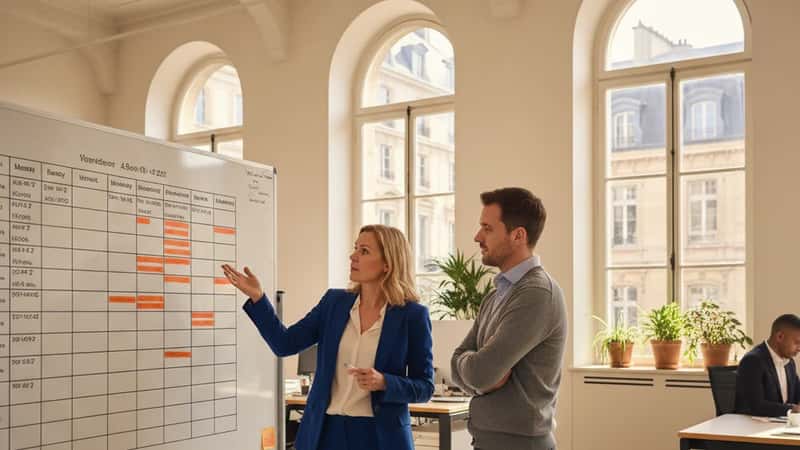 Två bankmedarbetare diskuterar framför ett whiteboard med arbetsschemat, modernt kontor i Göteborg
