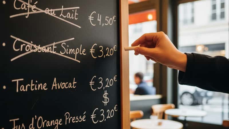 Café menu chalkboard in Providence Rhode Island with prices being revised by hand as a small business adapts to minimum wage increases