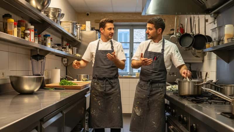 Two kitchen workers in aprons mid-conversation during restaurant prep in a Providence Rhode Island kitchen, mood of fair wage advocacy