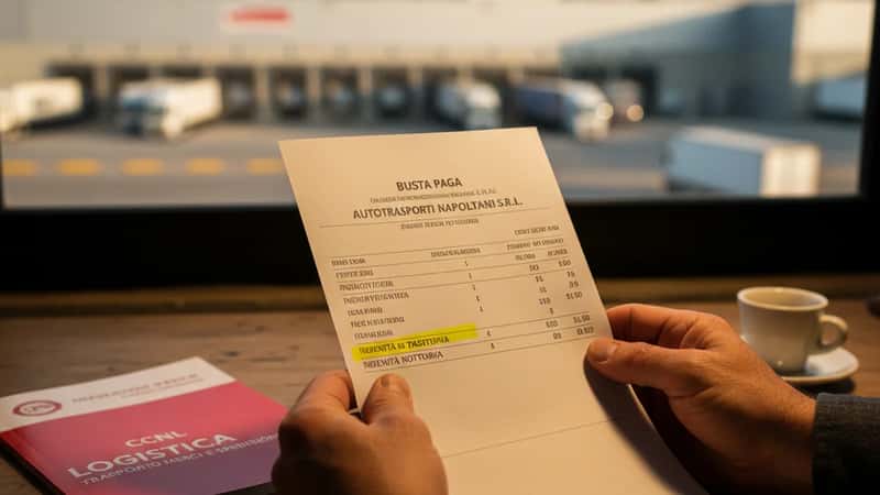 Busta paga di autotrasportatore con evidenziate le voci indennità di trasferta e indennità notturna in ufficio spedizioni a Napoli