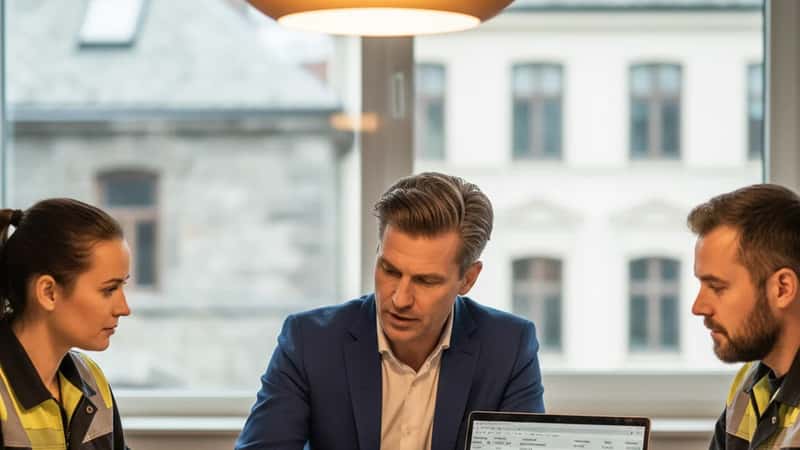 Tillitsvalgt i Stavanger diskuterer overtidsberegning med lagerarbeidere ved tariffavtaledokument