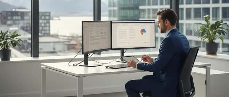 Svensk jurist arbetar vid ett modernt skrivbord med dubbla skärmar och granskar juridiska dokument digitalt