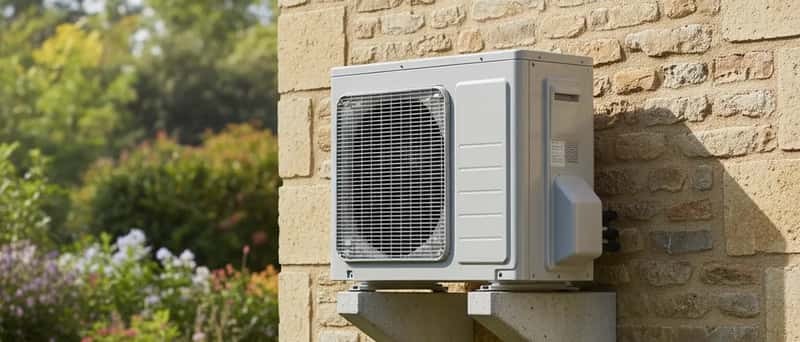 Unité extérieure de pompe à chaleur air-air installée sur la façade d'une maison française avec jardin