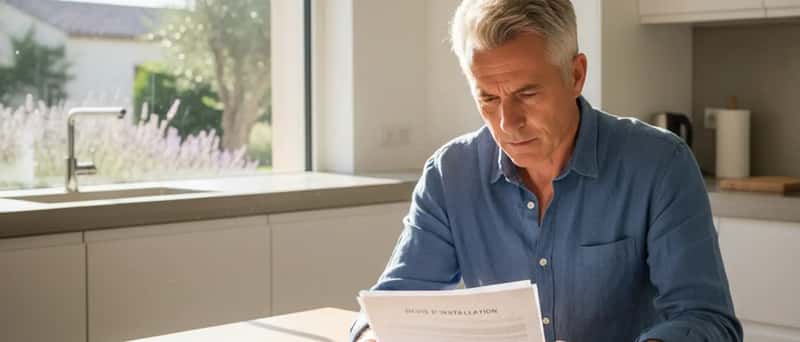 Propriétaire français consultant un devis d'installation de pompe à chaleur sur tablette dans sa cuisine