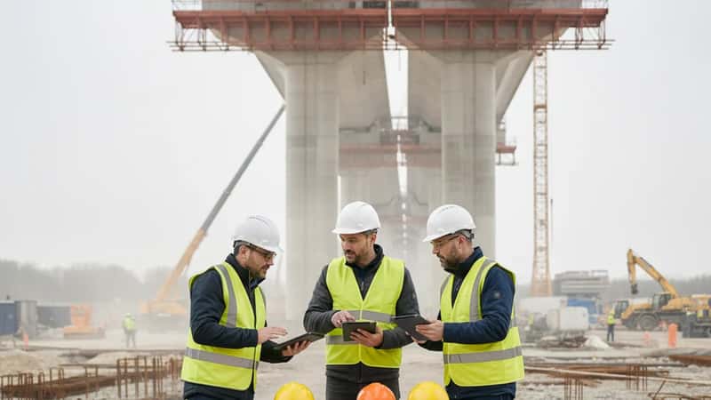 Ingénieurs travaux publics coordonnant un projet sur un chantier de pont en Île-de-France, trois professionnels autour d'une table portable avec tablettes et casques, béton et grue en arrière-plan