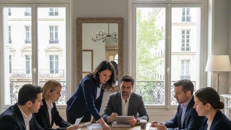 Équipe de professionnels californiens en réunion pour réviser des clauses contractuelles de travail