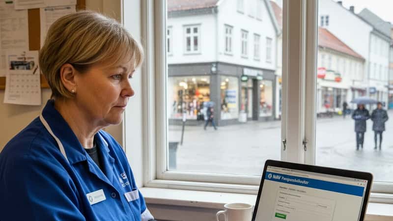 Dagligvareansatt sjekker NAV-pensjonskalkulator i Kristiansand personalrom