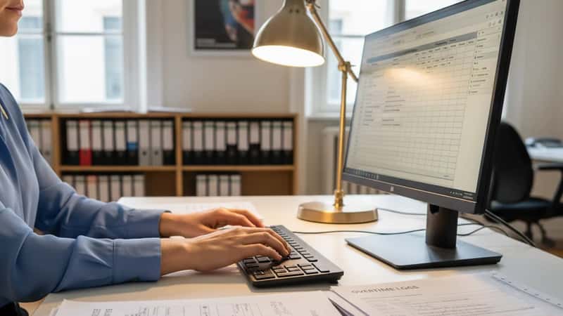 Statlig HR-administratör anger övertidsdata i lönesystem vid arbetsstation i Göteborg: fokuserat administrativt arbete med OB-rapporter