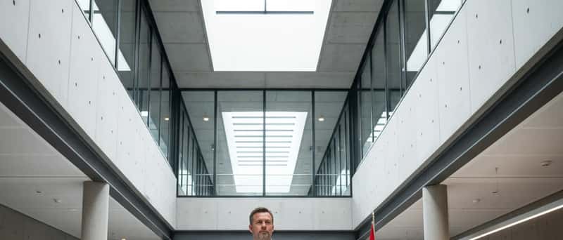 Mann in hellblauem Hemd betritt die Eingangshalle eines österreichischen Bezirksgerichts mit Glasfassade und Tageslicht von oben