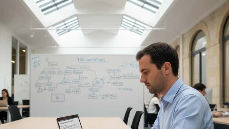Engenheiro português a verificar checklist de elegibilidade IFICI num laptop em empresa de tecnologia em Braga