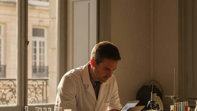 Investigadora portuguesa em laboratório universitário em Coimbra a analisar dados científicos num tablet