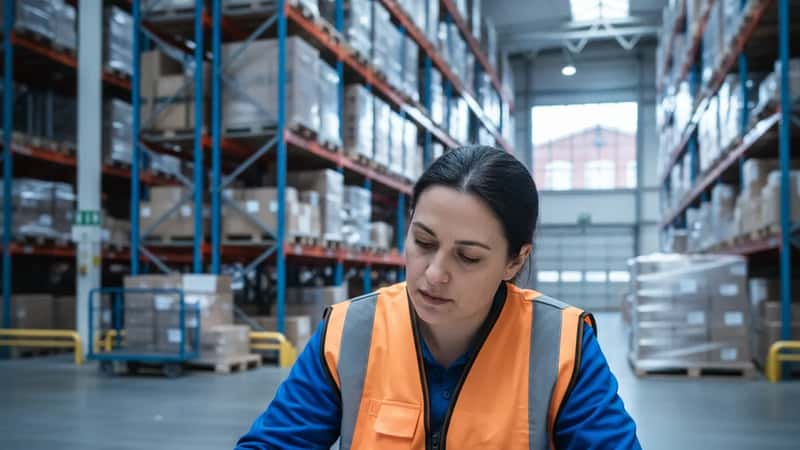 Lagerarbetare i varselväst granskar lönespecifikation vid ett bord i en distributionscentral i Malmö
