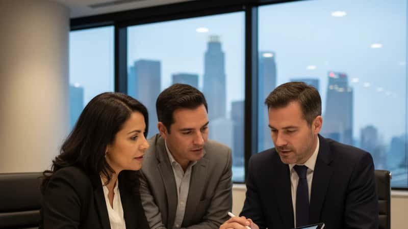 Pareja hispana reunida con asesor financiero en oficina de Los Ángeles revisando portafolio de inversiones inmobiliarias