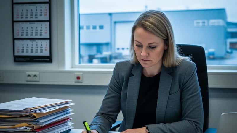 HR-leder gjennomgår Verkstedsoverenskomsten-dokumenter på kontoret i Stavanger industridistrikt