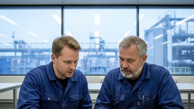 To verkstedsarbeidere diskuterer tariffavtalen på pauserommet i en industrifabrikk i Bergen