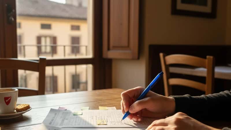 Barista a Bologna consulta il contratto collettivo al bancone del bar
