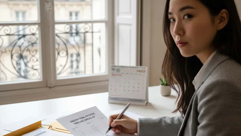 HR manager in Portland, Oregon reviewing an Oregon final paycheck compliance checklist at her desk