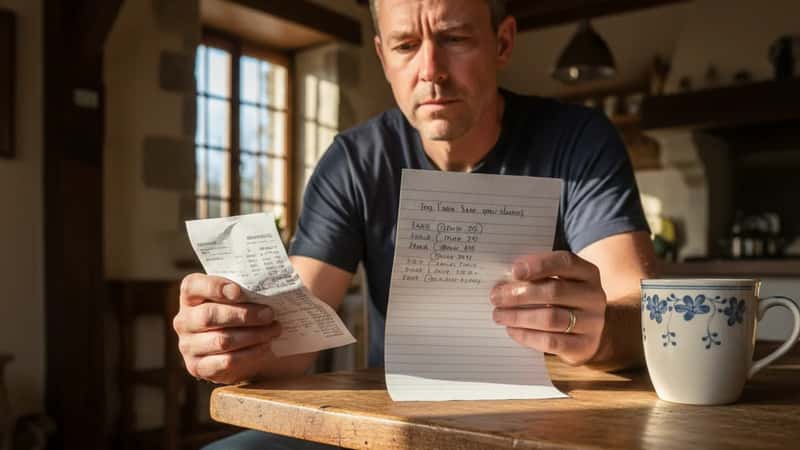 Oregon warehouse worker reviewing his final pay stub and checking deadlines at his kitchen table in Eugene