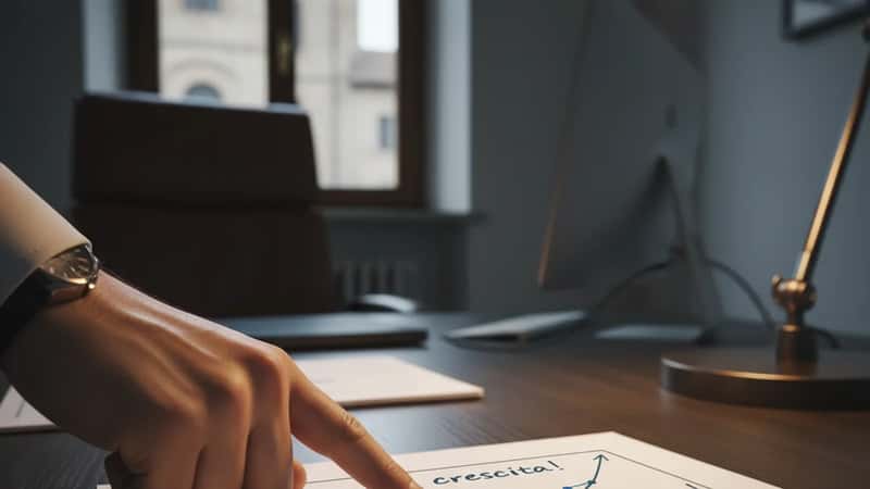 Confronto grafico su carta tra TFR in azienda e Fondo Priamo su 20 anni con annotazioni, mano italiana che indica la proiezione più alta in ufficio finanziario a Brescia