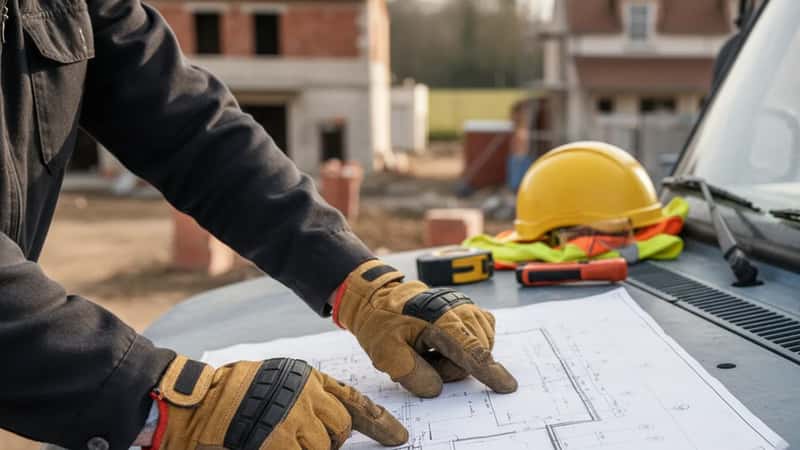 Ouvrier des travaux publics consultant un plan technique sur le capot d'un camion de chantier