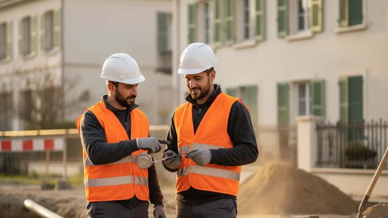 Deux ouvriers TP en gilets haute visibilité discutant au bord d'une tranchée de canalisations dans une rue de banlieue lyonnaise