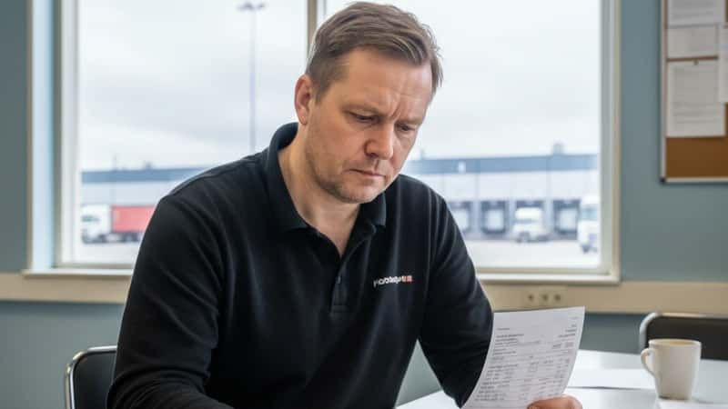 Jyväskyläläinen kuorma-autonkuljettaja tarkistaa palkkalaskelmaansa terminaalin taukotilassa — VAK-lisä ja yötyökorvaukset ovat usein laskentavirheiden kohteena