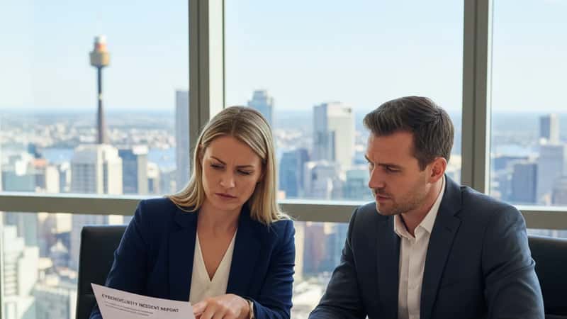 Two Australian business professionals reviewing a cybersecurity incident report in a glass-walled Sydney meeting room, collaborative and focused atmosphere
