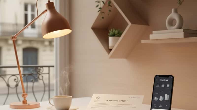 ITP-pensionsutdrag och Collectum-app på smartphone bredvid kaffekopp, varmt hemkontorsljus i Göteborg