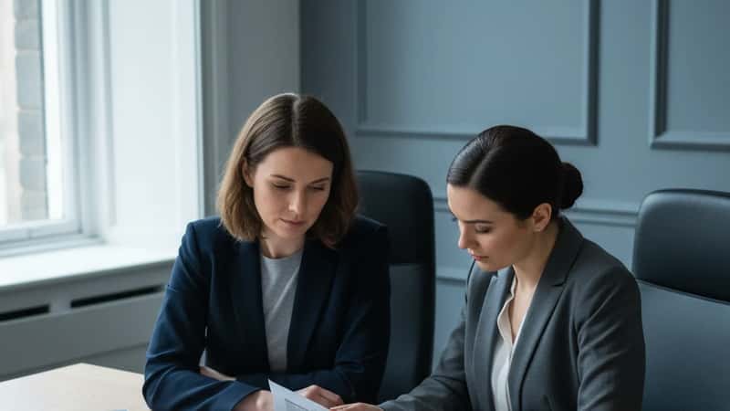 Employment solicitor in Manchester explaining statutory redundancy pay calculation to a client reviewing calculation documents
