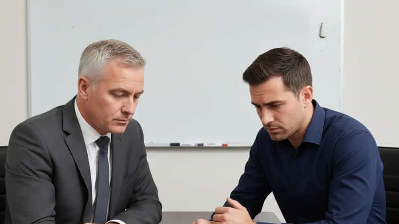 HR manager in Leeds presenting redundancy selection criteria scoring sheets to an employee across a conference table