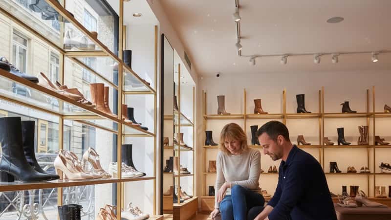 Vendeur en chaussures aidant une cliente dans une boutique lyonnaise — commerce de détail de chaussures en France
