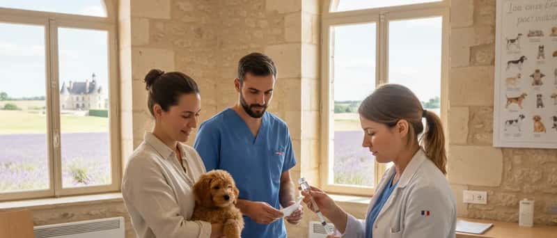 Veterinária aplicando vacina em filhote de cachorro em clínica veterinária brasileira