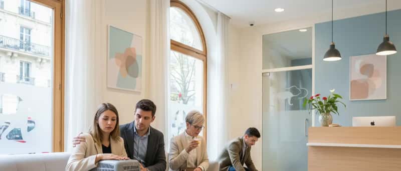 Sala de espera de clínica veterinária brasileira com tutores e seus animais de estimação
