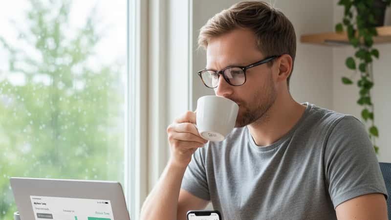 Norsk IT-ingeniør sjekker tidsregistreringsapp på mobiltelefon fra hjemmekontor i Trondheim