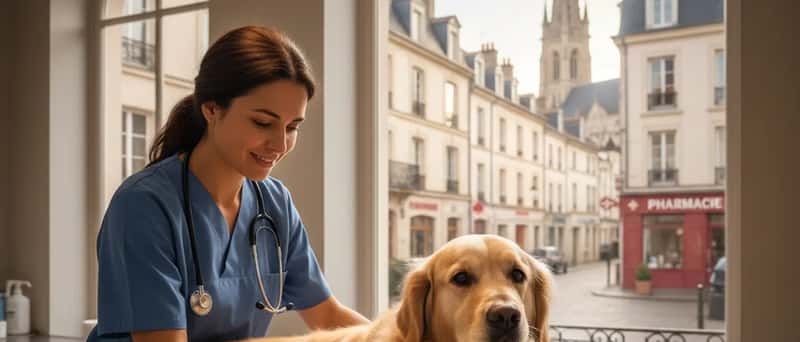 Veterinarian gently examining a golden retriever on a stainless steel exam table in a clinical setting